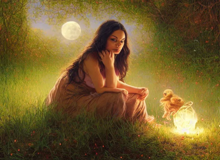 Image similar to Mila Kunis staring into the camera singing a lullaby, fireflies, full moon, Lilia Alvarado, Sophie Anderson, Mark Arian, Bob Byerley, Charlie Bowater, Mark Brooks, Steve Henderson, Justin Gerard, Arthur Hughes, Edward Robert Hughes, Mark Keathley, Victor Nizovtsev, Carlos Shwabe, Ross Tran, WLOP