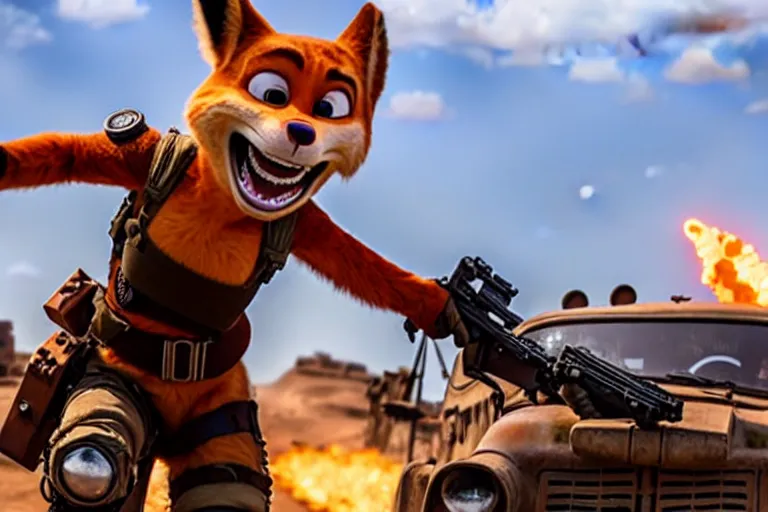 Image similar to nick wilde, heavily armed and armored facing down armageddon in a dark and gritty reboot from the makers of mad max : fury road