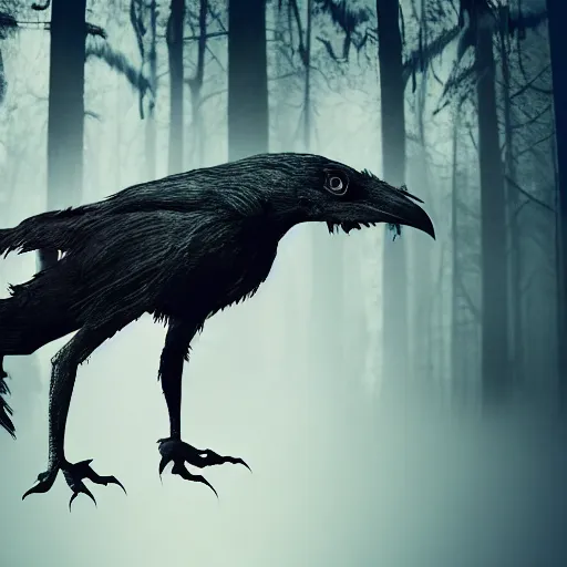 Image similar to werecreature consisting of a crow and a human, featured on artstation, photograph captured in a dark forest