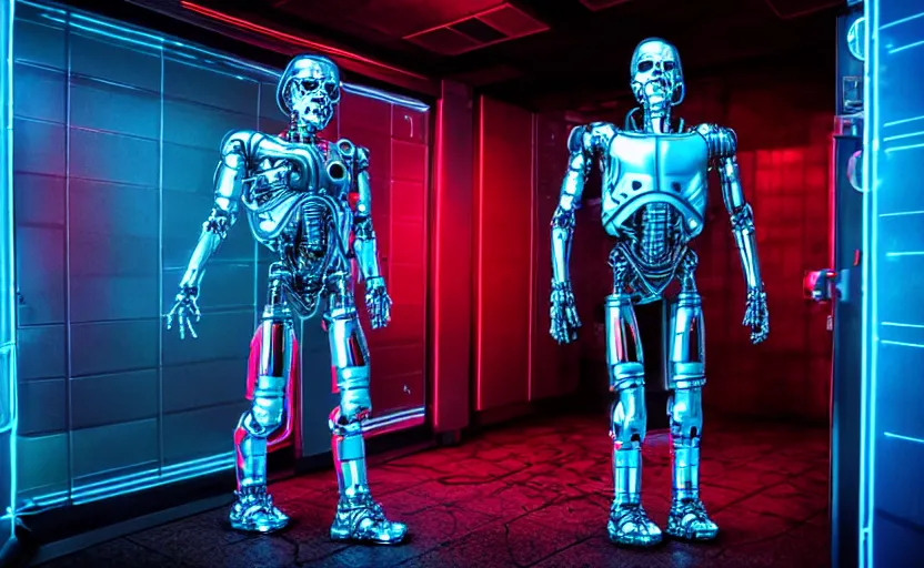 Prompt: high detailed terminator without flesh, staying in front of data center room. extreme long shot, 1 6 mm, retro sci - fi picture, cold neon light, high detail, cinematic colors, sharp