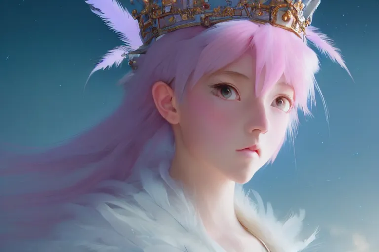 Image similar to Portrait of magical girl, close up, wearing crown of bright feathers, painting by studio ghibli, Ivan Aivazovsky and Greg Rutkowski, artstation, fantasy, intricate, beautiful, cinematic, octane render, arnold render, 8k, hyper realism, detailed, sharp focus, 4k uhd, masterpiece, award winning