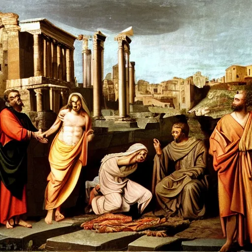 Prompt: the birth of jesus christ depicted inside the roman forum, julius caesar in the centre holding baby jesus