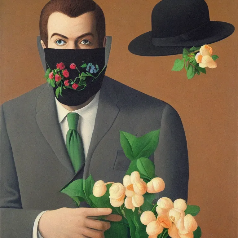 Image similar to portrait of man in a suit with flowers hiding his face by rene magritte, detailed painting, hd, hq, high resolution, high detail, 4 k, 8 k