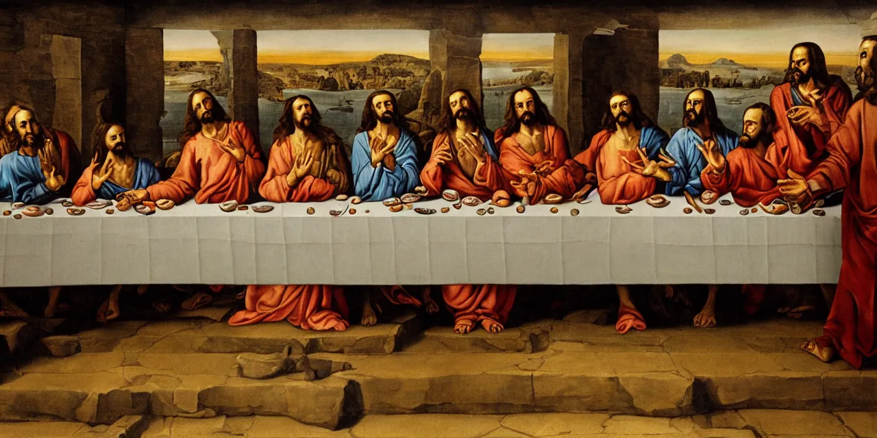 Image similar to the last supper iconic image in the style of dali surreal jesus christ iconography