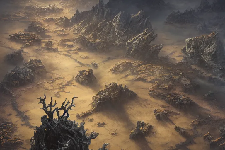 Image similar to high aerial shot, cinematic fantasy painting, dungeons and dragons, barren dry land, desert valley of bones, a single autumn maple bonsai, with sunset lighting ominous shadows by jessica rossier and brian froud