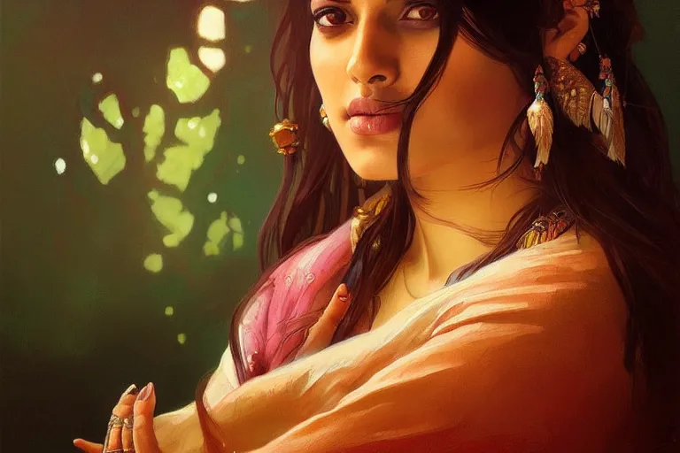 Prompt: Beautiful pale young Indian doctor partying in Texas, portrait, elegant, intricate, digital painting, artstation, concept art, smooth, sharp focus, illustration, art by artgerm and greg rutkowski and alphonse mucha