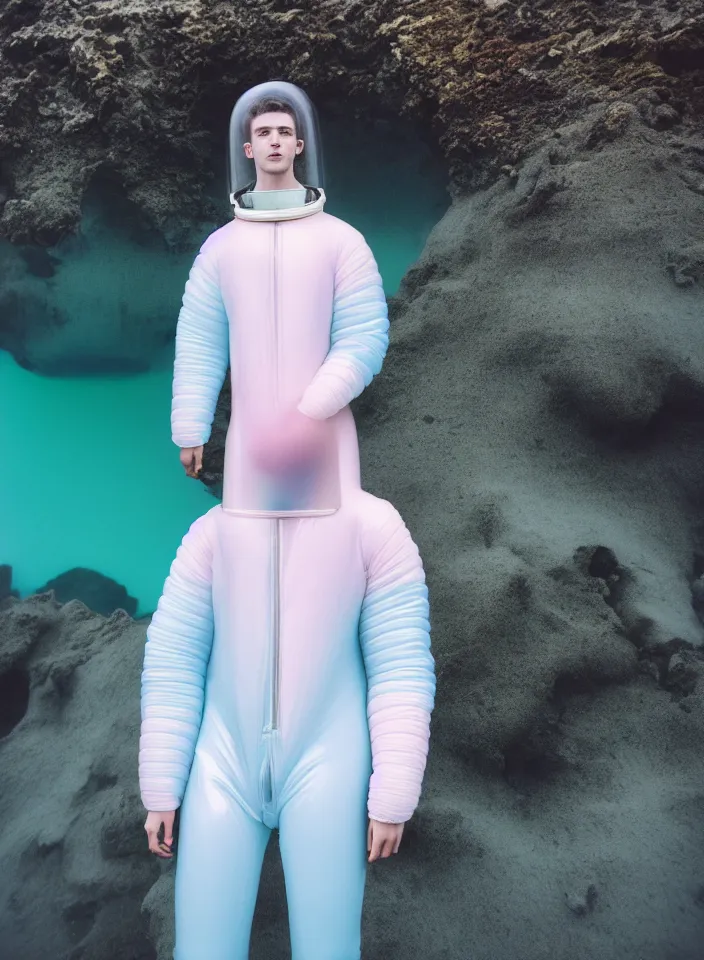 Image similar to high quality pastel coloured film portrait photograph of one beautiful young 2 0 year old male, soft features, short hair, wearing perspex space suit and oversized inflated clothing!! icelandic black rock pool environment. atmospheric three point light. photographic. art directed. ( pastel colours ). volumetric. clearcoat. waves. 8 k. filmic.