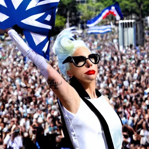 Image similar to Lady Gaga as Evita, Argentina presidential rally, Argentine flags behind, bokeh, epic photo, detailed face, Argentina