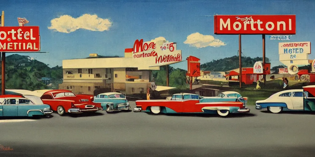 Image similar to 1 9 5 0 s americana painting of a motel and motel sign with cars parked outside by norman rockwell