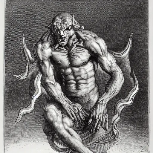 Image similar to full body grayscale drawing by Gustave Dore of muscled horned humanoid beast, swirling flames