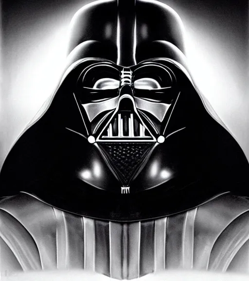 Image similar to black-and-white portrait of Darth Vader by H. R. Giger; extraordinary-masterpiece; realistic-lighting