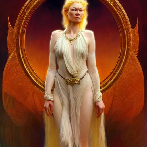 Image similar to young adult tilda swinton as lucifer morningstar, long blond hair, natural lighting, path traced, highly detailed, high quality, digital painting, by gaston bussiere, craig mullins, alphonse mucha j. c. leyendecker