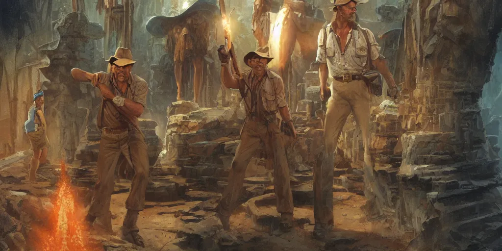Prompt: a concept art of the Indiana Jones and the Fate of Atlantis videogame. By Craig Mullins and Ralph Mcquarrie