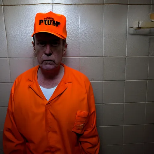 Prompt: donald trump dressed in orange prison uniform in a prison cell, jail bars, framing - medium shot, natural light failing on his face, by terry richardson