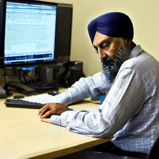 Image similar to Inderjit gill sitting at a computer looking lost, photograph, high quality