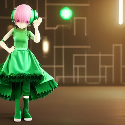 Image similar to cute fumo plush of a girl with prosthetic mechanical arms, green dataglyphs, pink velvet dress, bokeh, cyberpunk anime girl, vray