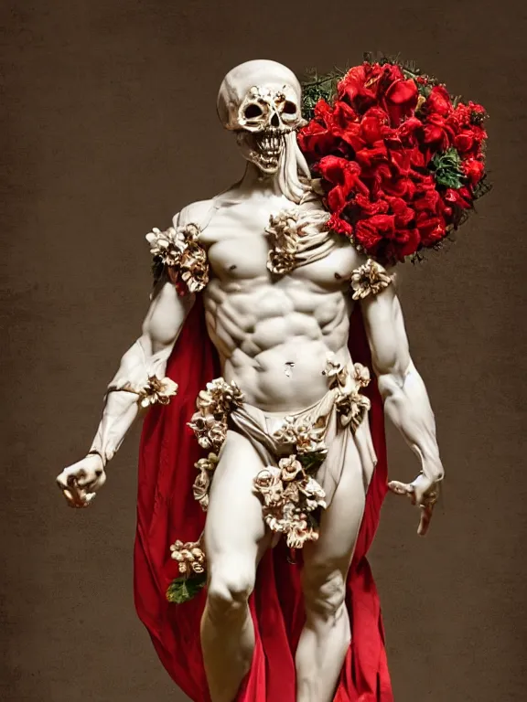 Prompt: a man in the form of a Greek sculpture with a mask in the form of a skull and wreath of flowers, red fabric in hands, dressed in a biomechanical dress of a demon by Roberto Ferri, stands in the pose of a super hero on a golden stone, silk, fabric, birds, flowers. red plastic. baroque elements, human skull. full-length view. baroque element. intricate artwork by caravaggio. birds on background. Trending on artstation. halo. octane render, cinematic, hyper realism, octane render, 8k, depth of field, bokeh. iridescent accents. vibrant. teal and gold and red colour scheme