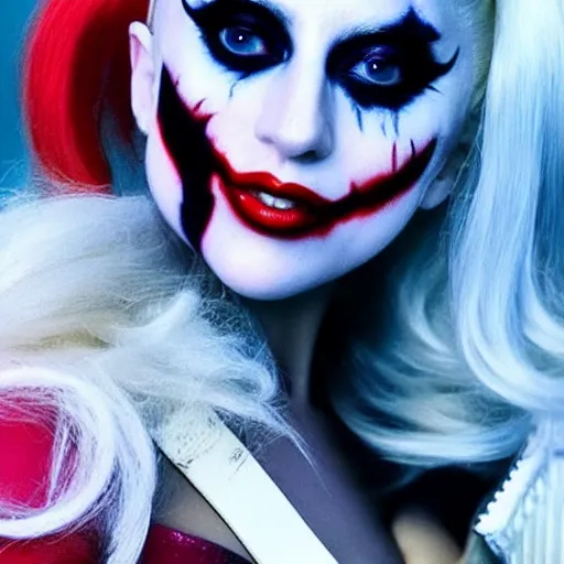 Prompt: Film still of Lady Gaga as Harley Quinn from Joker (2019)