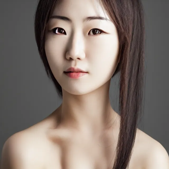 Image similar to photograph portrait bald korean japanese goddess of beauty neutral expression face straight on headshot even lighting no hair