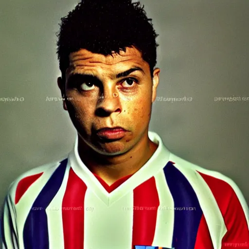 Image similar to ronaldo nazario fenomeno from fc barcelona, photograph by martin schoeller, 1 9 9 6