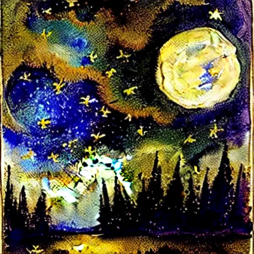 Prompt: a variety of sparkly landscapes at night with stars and a full moon, by bob ross, by leonardo davinci, watercolor, wet on wet, on canvas, starry night