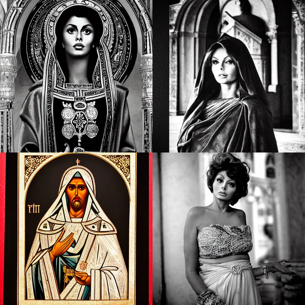 Prompt: a picture of sofia loren standing up in santa sofia in the style of a byzantine icon. black and white award winning photography 5 0 mm