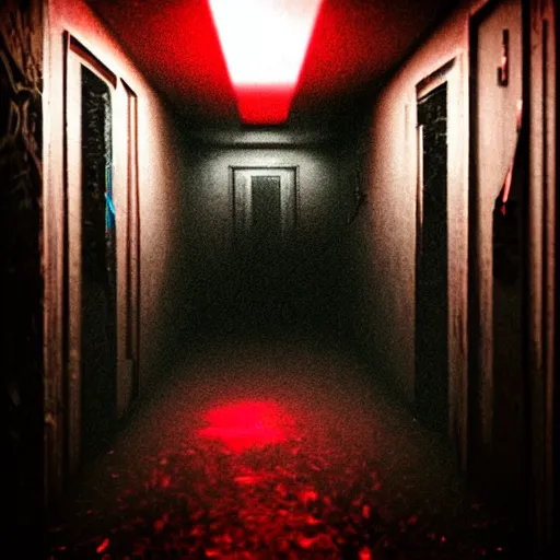 Image similar to photograph of an extremely dark narrow hallway with glowing humanoid monster made out of tv static, dark deep black shadows, red and black color contrast in the style of trevor henderson, liminal space, 3 d octane render, glitch effect