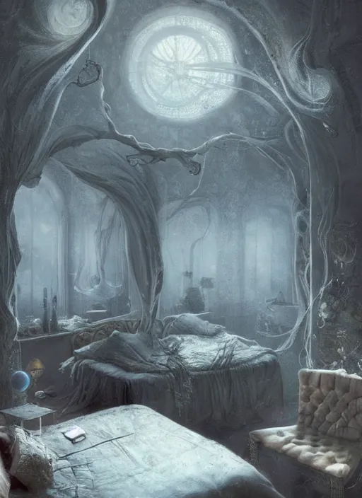 Prompt: a dreary bedroom that blends with fantastical scenes of dreams, dreams invading mundane spaces, fantasy infiltrating reality, bubbles of the impossible, swirls of magic, 8k, ultradetailed, illustrated by Greg Rutkowski and Caspar David Friedrich.