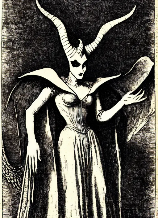 Image similar to maleficent as a demon from the dictionarre infernal, etching by louis le breton, 1 8 6 9, 1 2 0 0 dpi scan, ultrasharp detail, clean scan