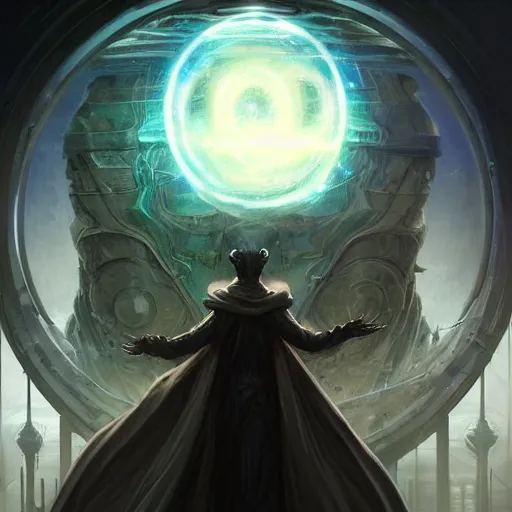 Image similar to creator of worlds wearing a cloak, masked, and holding a holographic planet projection in his hand, detailed, sci - fi, digital painting, artstation, sharp focus, illustration, ominous, artgerm, tomasz alen kopera, peter mohrbacher, donato giancola, joseph christian leyendecker, wlop, frank frazetta