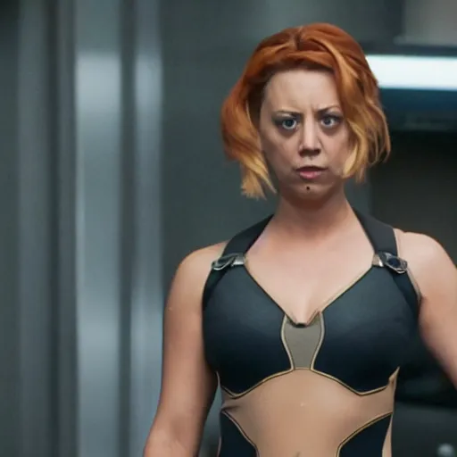 Prompt: Kaley Cuoco as Black Widow in Iron Man, movie screencap