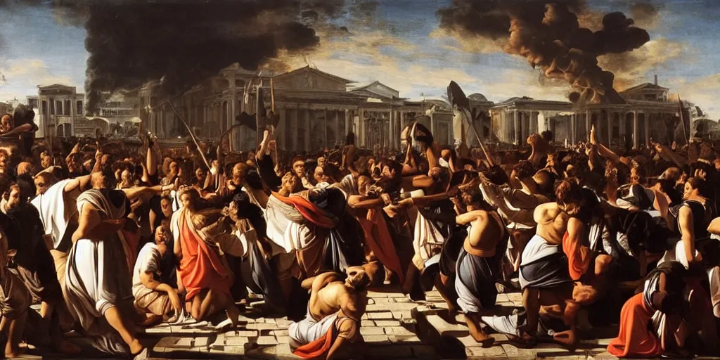 Image similar to beautiful oil matte painting, uprising of people at a greek political forum with fire and smoke, wonderful masterpiece highly detailed, beautiful cinematic light deep focus, elegant, digital painting, smooth, sharp focus, golden ratio, dramatic illumination, ultra realistic, 8 k, art by artemisia lomi gentileschi and caravaggio
