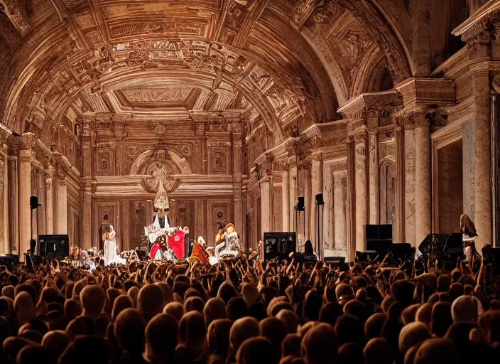 Image similar to a high resolution photograph of sunn o ) ) ) playing live at the vatican with monk robes, smoke machines, huge walls of amplifiers, many amplifiers stacked high, ornate