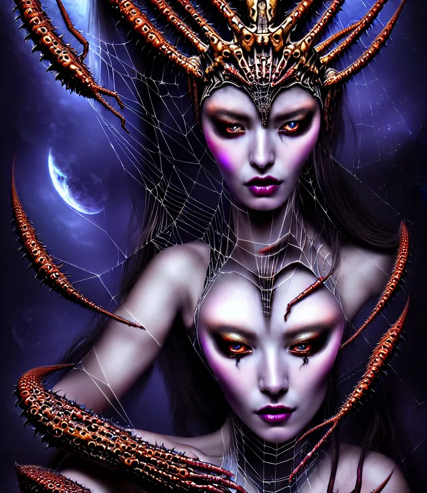Image similar to close up portrait on the enchanting femenine queen of the zerg, hyper attractive, seductive, very complex, hyper-maximalist, overdetailed, legendary cinematic, darkfantasy, archetype with timeless beauty breathtaking eyes, her spider like legs spread evenly around her framing the image, collossal alien ship in the sky behind her, highly intricate, digital art, very elegant, HDR 8K, biblical art, realism, incomprehensible yet perspicious detail, unbeatable quality, silent hill aesthetic, photorealistic, lifelike, DSLR 8k, unbeatable coherency, Omnious intricate, octane render, created Nixeu & z--ed from deviantart