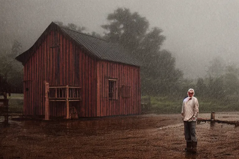 Image similar to a cinematic headshot portrait of a farmer, stood outside a wooden cabin, by krenz cushart, raining, movie still, shallow depth of field, dramatic lighting,