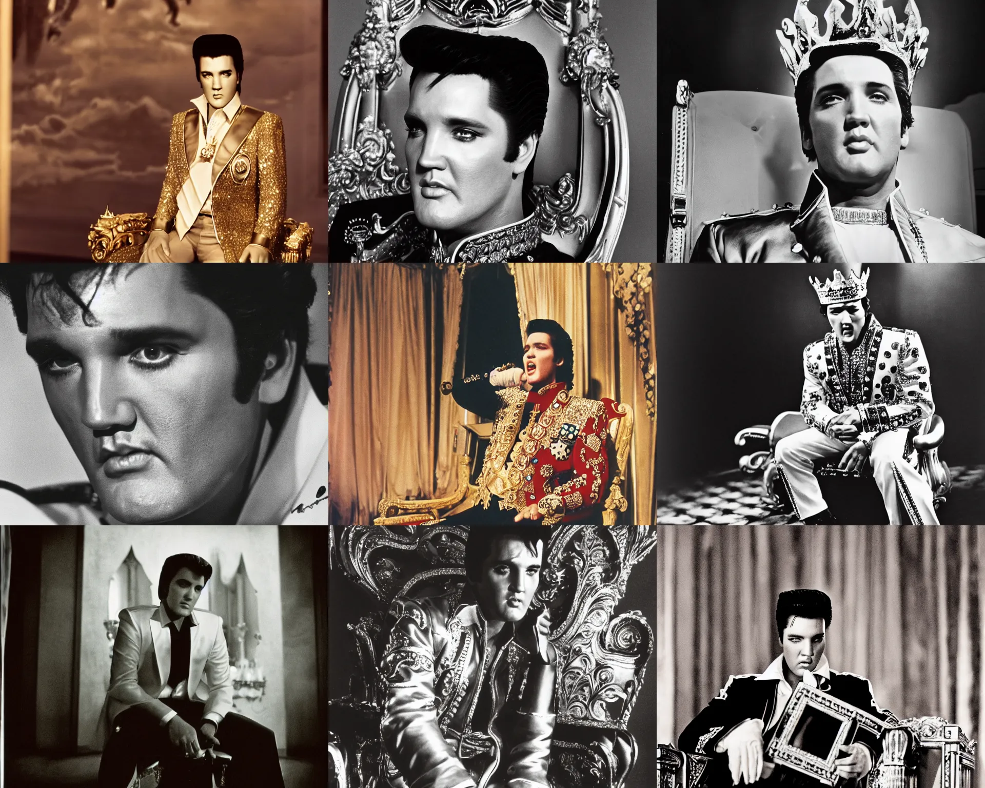 Prompt: sharp, highly detailed, film of elvis as king of the world, sitting on his throne in his castle, reflective eyes, in focus, 3 5 mm macro lens, good lighting, good photography