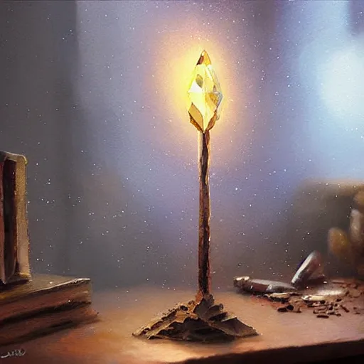 Image similar to magical crystal on a desk, painting, by greg rutkowski