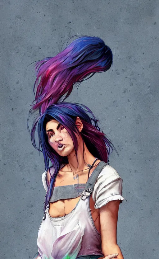 Prompt: a grungy mexican woman with rainbow hair, drunk, angry, soft eyes and narrow chin, dainty figure, long hair straight down, torn overalls, basic white background, side boob, symmetrical, single person, style of by Jordan Grimmer and greg rutkowski, crisp lines and color,