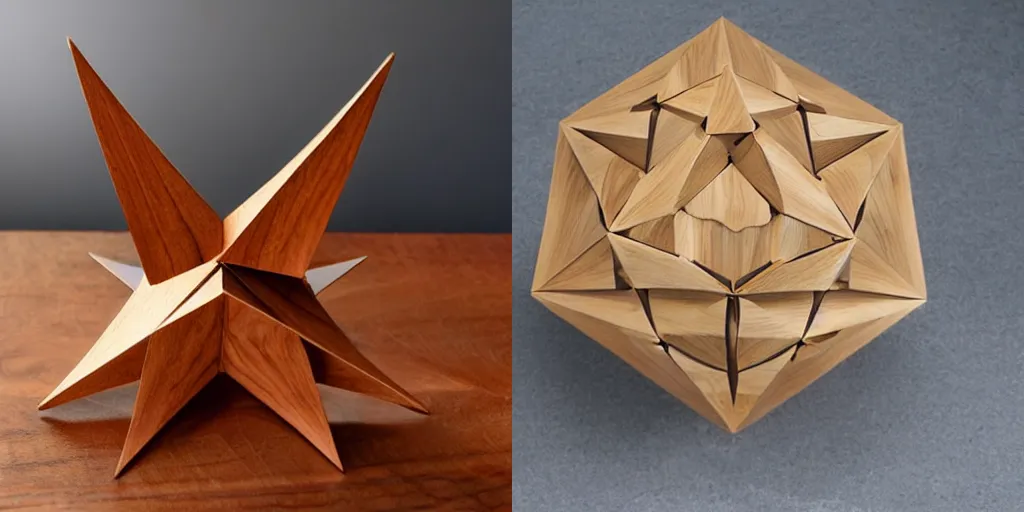 Prompt: a stellated icosahedron made wood sitting on a table