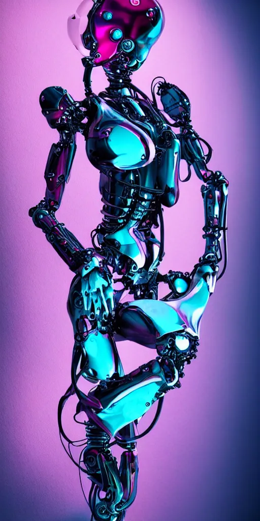 Image similar to full body portrait of beautiful female biomechanical robot, chrome skin, inside a futuristic spaceship, cyan and magenta colors, soft light, feminine figure, gorgeous, pretty face, wires and black metal, beautiful fashion model body, high detail, hyper realistic