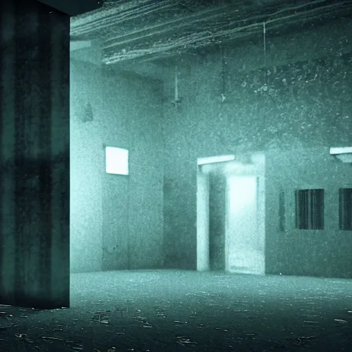 Image similar to cctv of an extremely dark empty abandoned building with glowing humanoid cryptid made out of television static, dark deep black shadows, red and black color contrast in the style of trevor henderson, liminal space, 3 d octane render, glitch effect