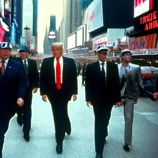 Prompt: still of donald trump walking with bodyguards in time square, wearing maga hat, in american psycho ( 1 9 9 9 )