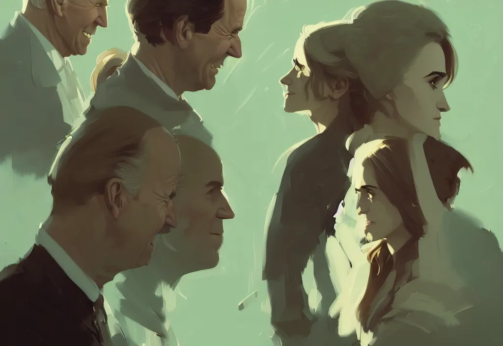 Image similar to portrait of joe biden and emma watson, fantasy, by atey ghailan, by greg rutkowski, by greg tocchini, by james gilleard, by joe gb fenton, dynamic lighting, gradient light green, brown, blonde cream, salad and white colors in scheme, grunge aesthetic