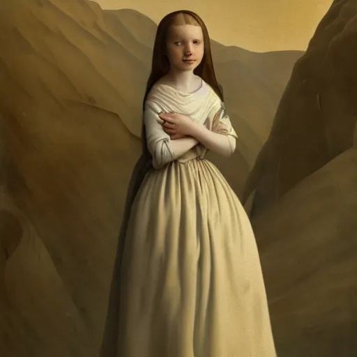 Image similar to a portrait of a beautiful young girl with white long dress crying in a desert by vermeer and line design by michael angelo , baroque, neo Gothic,matte painting, baroque detailes,photo real,concept art,highly detailed,sharp lines, hdri, 4k