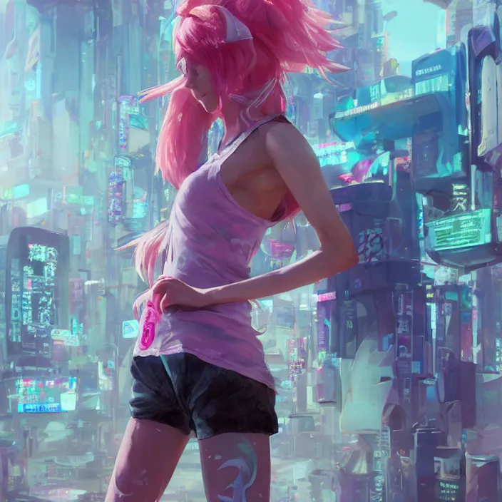 Image similar to a beautiful fullbody portrait of a cute anime girl with pink hairs barefoot wearing sport clothing and leggings under shorts in cyberpunk city. character design by cory loftis, fenghua zhong, ryohei hase, ismail inceoglu and ruan jia. artstation, volumetric light, detailed, photorealistic, fantasy, rendered in octane, rim light