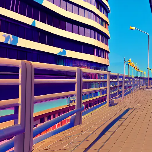 Image similar to oceanfront walkway, futuristic city, colorful city, curved railing, long railing, shining sea, cel - shading, 2 0 0 1 anime, cel - shaded, bright sunshine, jet set radio, mirror's edge, raytracing, toon - shading, strong shadows