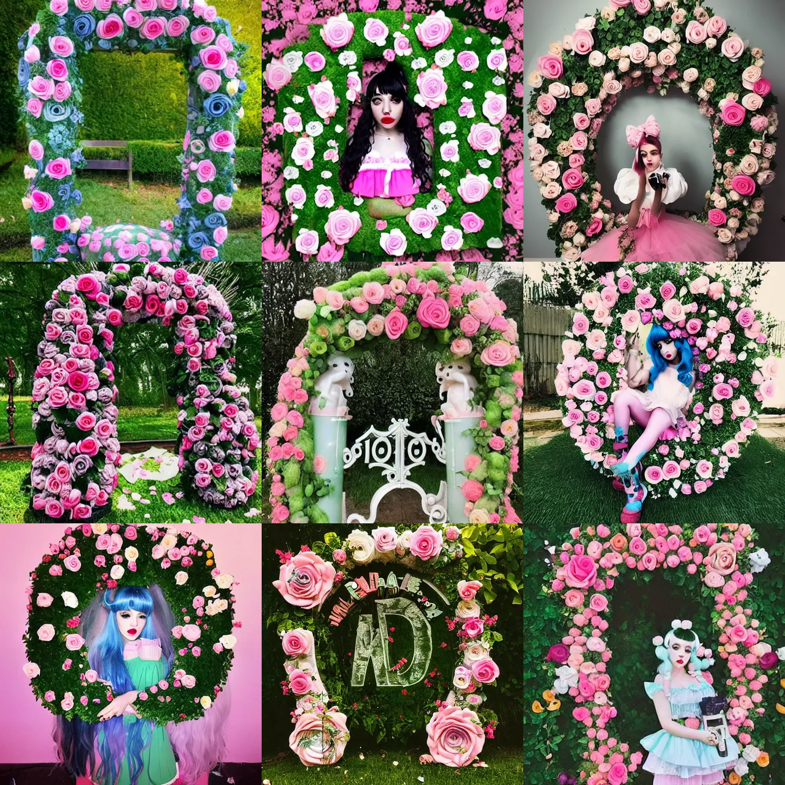 Prompt: a melanie martinez styled portal filled with vines and roses, weird magical pleasing beautiful aesthetic aura