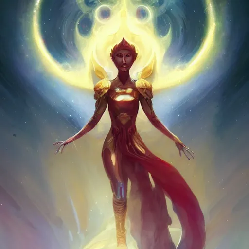 Prompt: cosmic tailor, ethereal, full-body portrait, astral background, science fantasy, portrait, highly detailed, digital painting, artstation, concept art, sharp focus, illustration, art by terese nielsen and greg rutkowski and magali villeneuve, red white and gold color scheme