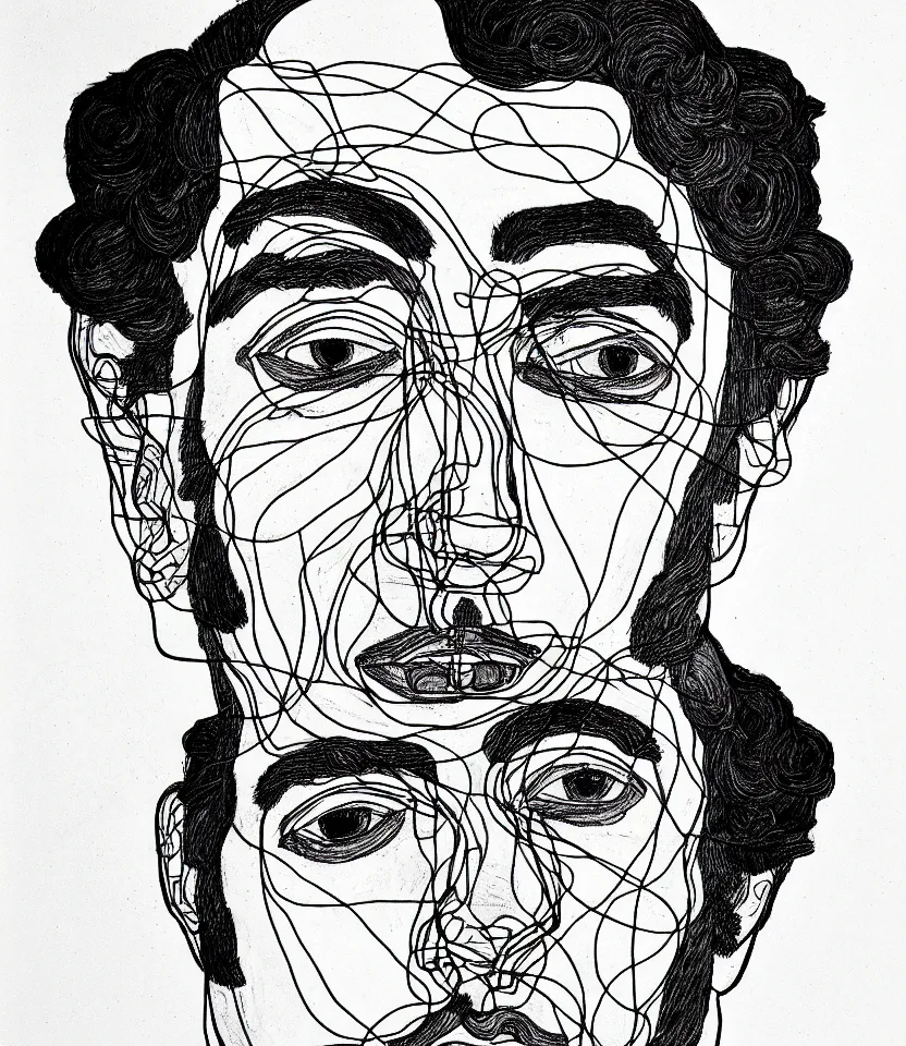 Image similar to detailed line art portrait of pablo neruda, inspired by egon schiele. caricatural, minimalist, bold contour lines, musicality, soft twirls curls and curves, confident personality, raw emotion