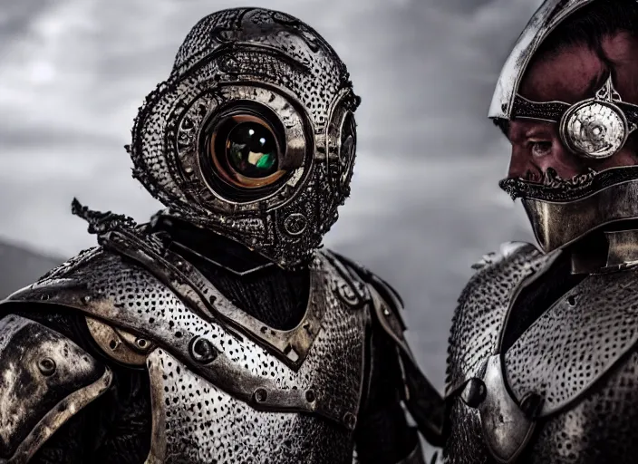 Prompt: A man wearing an armor made entirely out of eyes dueling a man in pyjamas, Very detailed 8k. Fantasy horror. Sharp. Cinematic post-processing